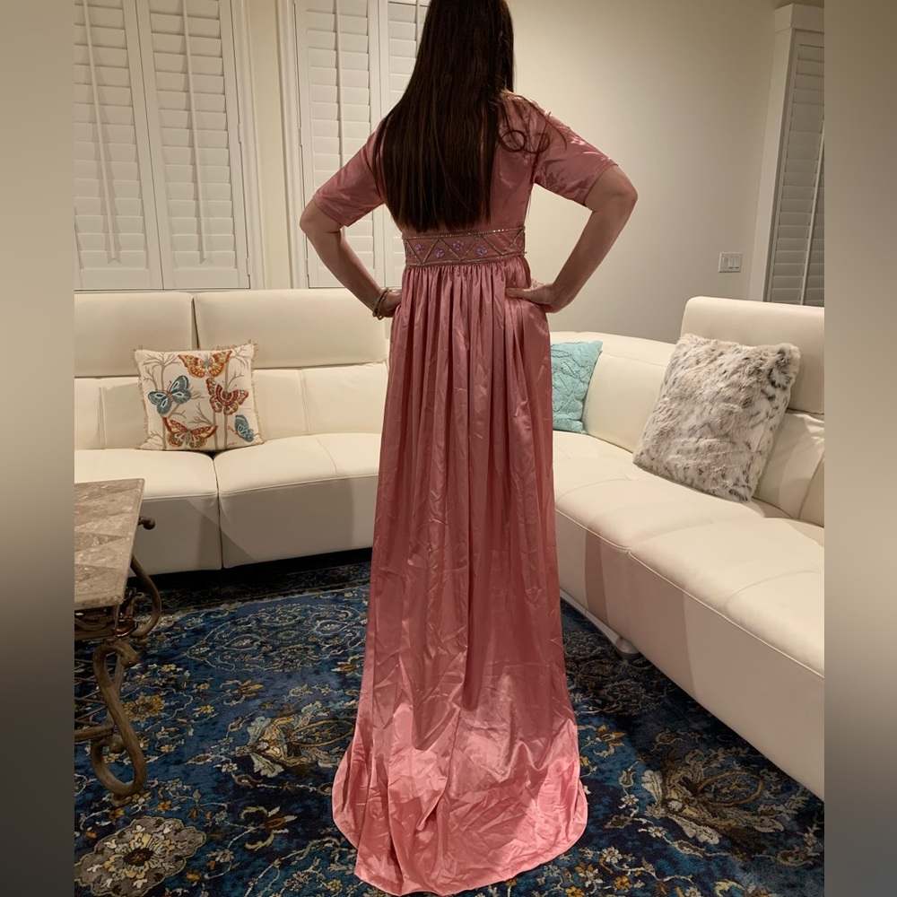Custom design pink satin maxi dress with tale